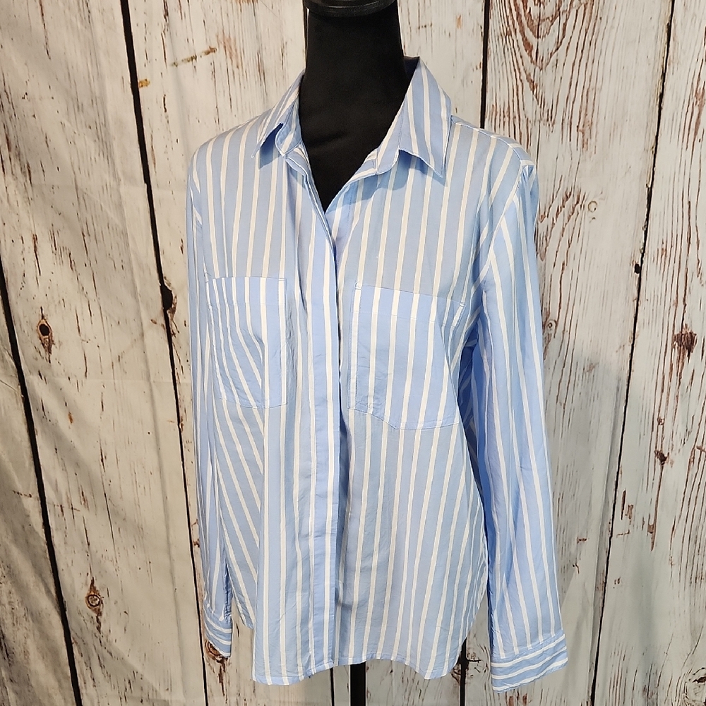 Beach Lunch Lounge Blue White Striped Button Down Shirt M